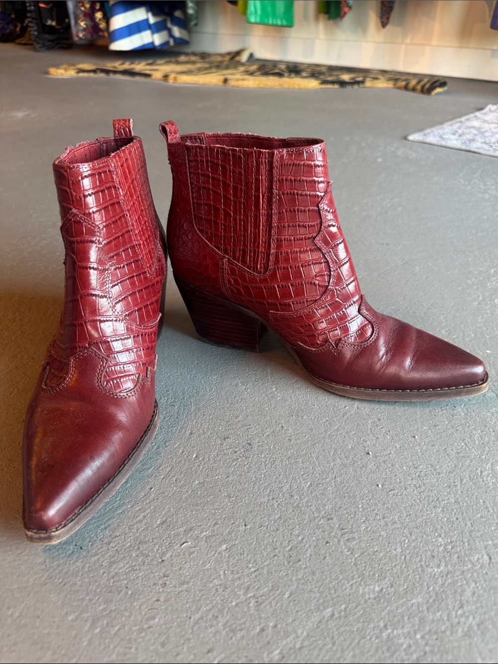 Sam Edelman Burgundy Croc-Embossed Pointed Ankle Boots